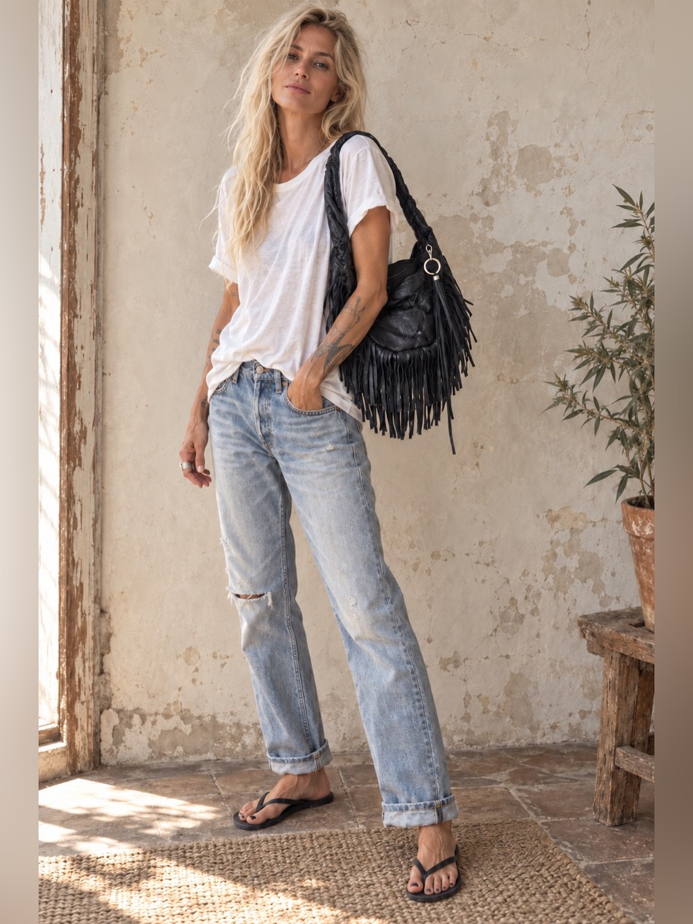 NWT Vintage Y2K Embassy Black Genuine Leather Fringe Hobo Shoulder Bag keychain